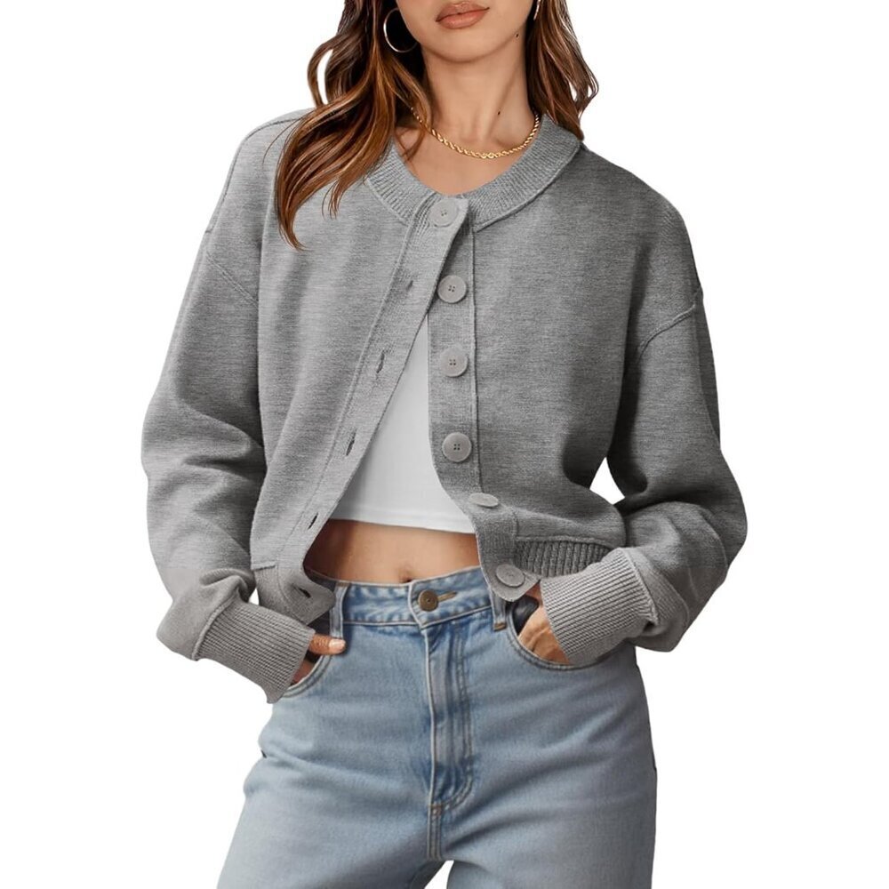 Women's Cropped Knit Cardigan Long Sleeve Crew Neck Button Fall Sweater